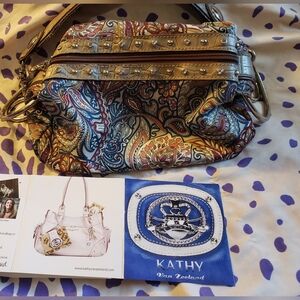 ​Y2K McBling Kathy Van Zeeland Hobo Bag, Paisley Print Studded Metallic Shoulder